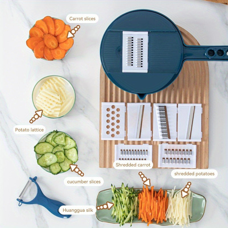7 Replaceable Blades Multifunctional Manual Vegetable Cutter and Slicer Set with Plastic and Acrylic Grater, Shredder, and Slicing Tool, Hand Protector and Scraper for Kitchen Prep