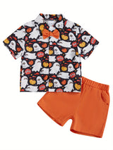 Toddler Boys Halloween Outfits Bowtie Ghost Pumpkin Print Turn-Down Collar Short Sleeve Shirts Tops Shorts 2Pcs Clothes Set