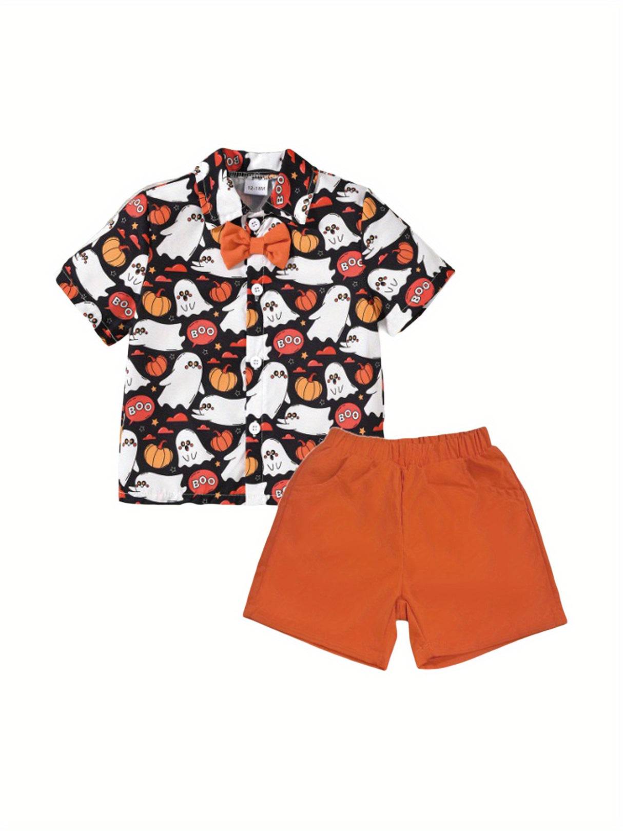 Toddler Boys Halloween Outfits Bowtie Ghost Pumpkin Print Turn-Down Collar Short Sleeve Shirts Tops Shorts 2Pcs Clothes Set