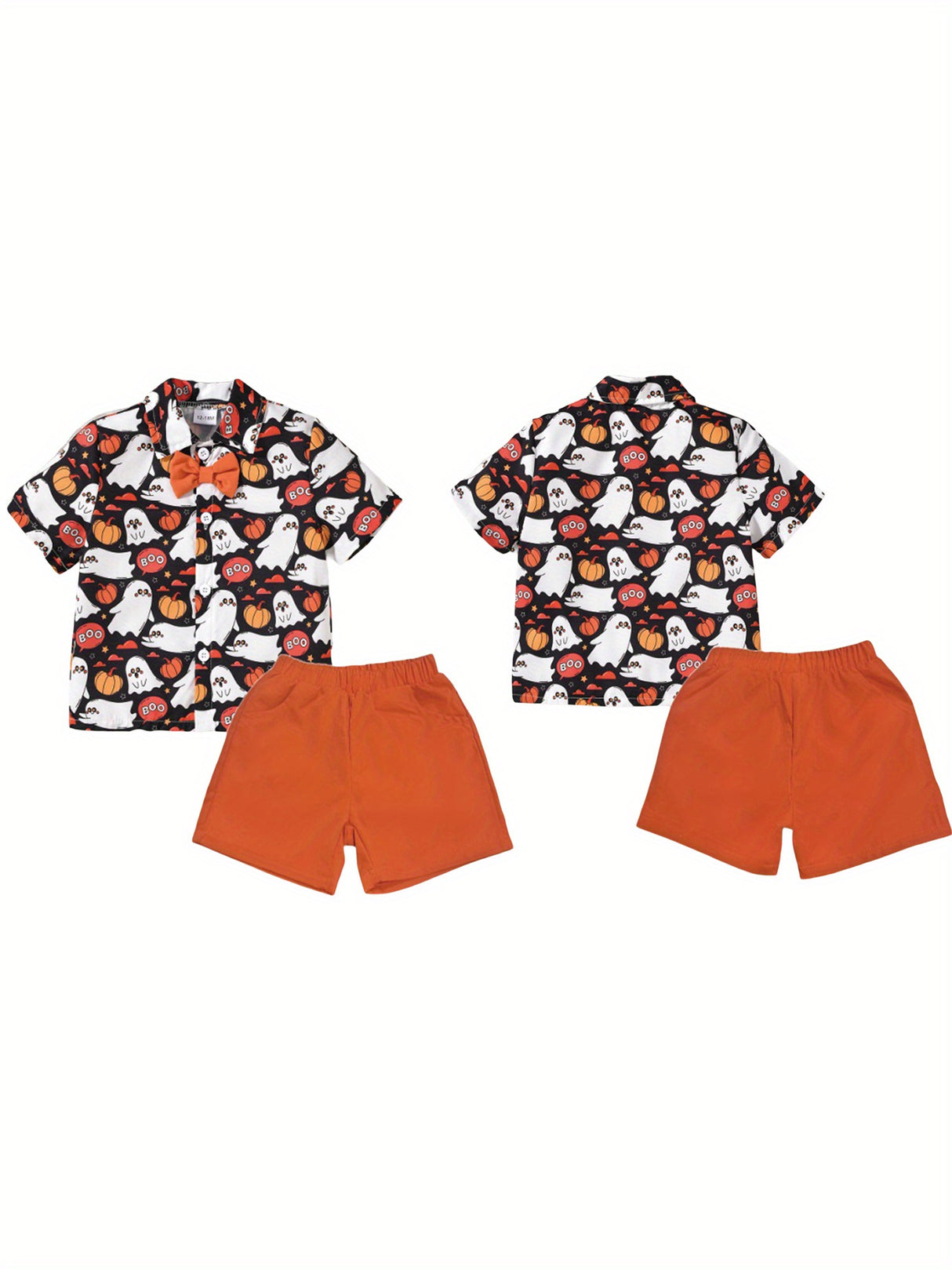 Toddler Boys Halloween Outfits Bowtie Ghost Pumpkin Print Turn-Down Collar Short Sleeve Shirts Tops Shorts 2Pcs Clothes Set