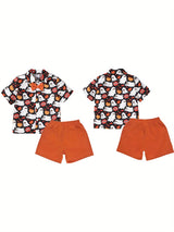 Toddler Boys Halloween Outfits Bowtie Ghost Pumpkin Print Turn-Down Collar Short Sleeve Shirts Tops Shorts 2Pcs Clothes Set