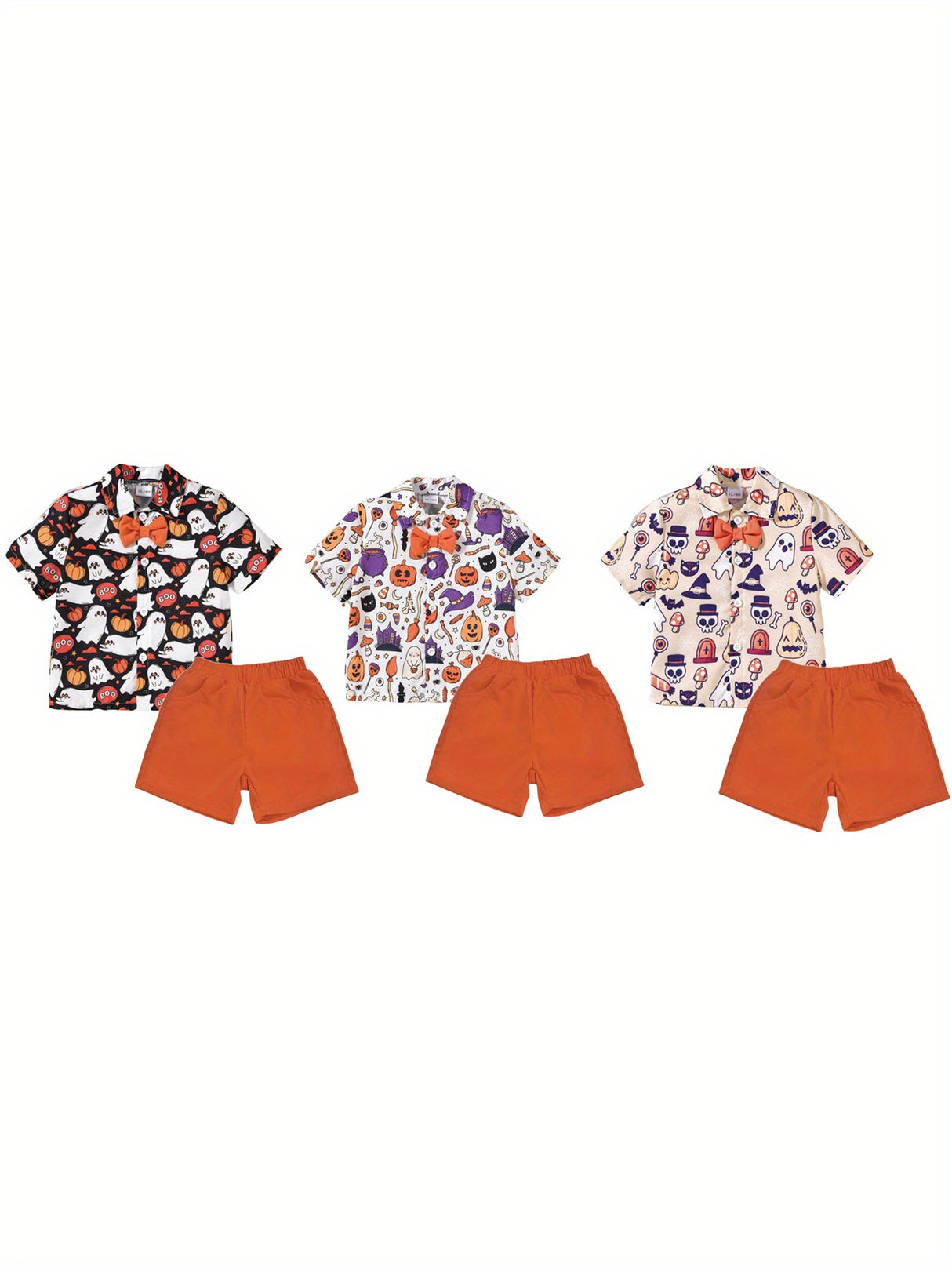 Toddler Boys Halloween Outfits Bowtie Ghost Pumpkin Print Turn-Down Collar Short Sleeve Shirts Tops Shorts 2Pcs Clothes Set