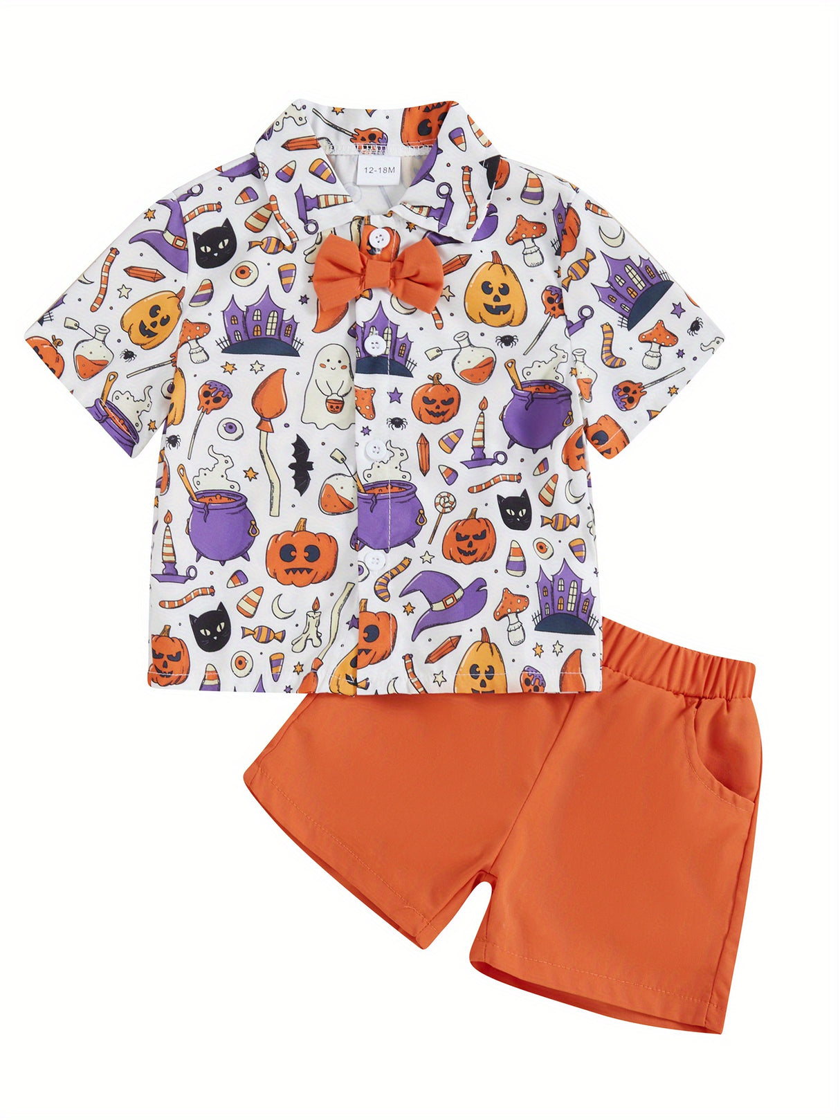Toddler Boys Halloween Outfits Bowtie Ghost Pumpkin Print Turn-Down Collar Short Sleeve Shirts Tops Shorts 2Pcs Clothes Set