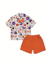 Toddler Boys Halloween Outfits Bowtie Ghost Pumpkin Print Turn-Down Collar Short Sleeve Shirts Tops Shorts 2Pcs Clothes Set