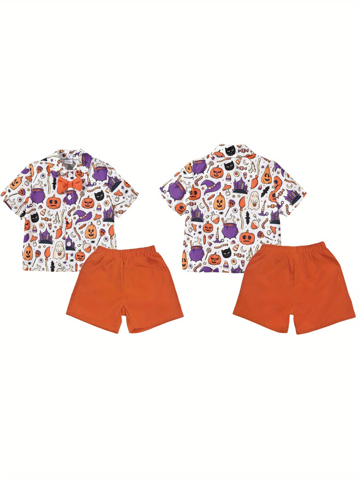 Toddler Boys Halloween Outfits Bowtie Ghost Pumpkin Print Turn-Down Collar Short Sleeve Shirts Tops Shorts 2Pcs Clothes Set