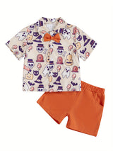 Toddler Boys Halloween Outfits Bowtie Ghost Pumpkin Print Turn-Down Collar Short Sleeve Shirts Tops Shorts 2Pcs Clothes Set
