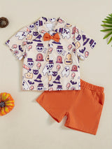 Toddler Boys Halloween Outfits Bowtie Ghost Pumpkin Print Turn-Down Collar Short Sleeve Shirts Tops Shorts 2Pcs Clothes Set