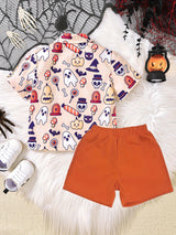 Toddler Boys Halloween Outfits Bowtie Ghost Pumpkin Print Turn-Down Collar Short Sleeve Shirts Tops Shorts 2Pcs Clothes Set