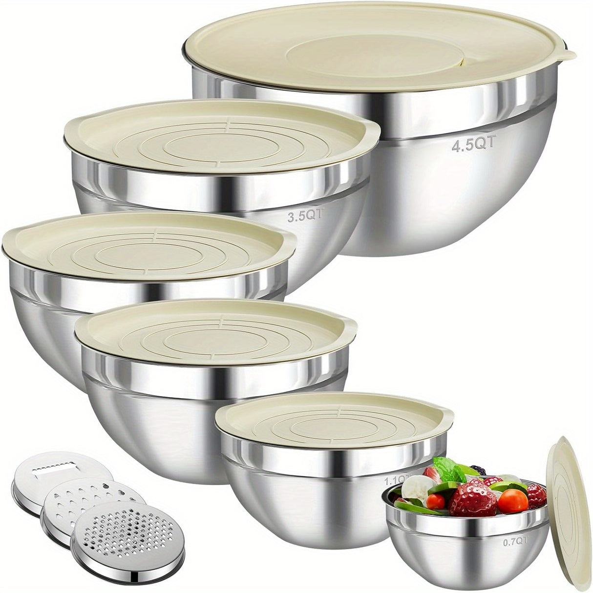 6-Piece Stainless Steel Mixing Bowls Set with 3 Grater Attachments - Anti-Rust Kitchen Food Storage Organizers, Large Size 4.5, 3.5, 2.1, 1.5, 1.1, 0.7QT Nesting Bowls
