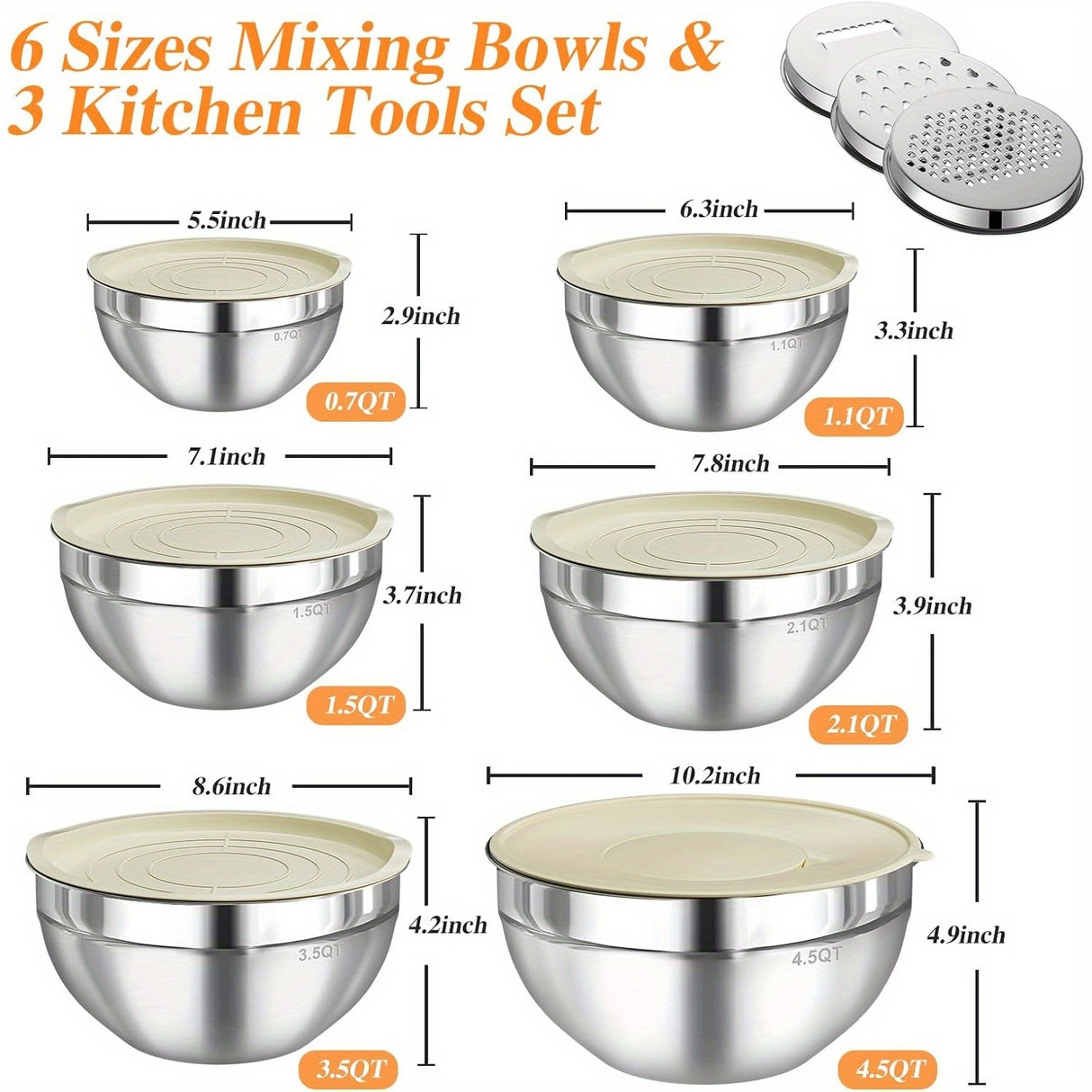 6-Piece Stainless Steel Mixing Bowls Set with 3 Grater Attachments - Anti-Rust Kitchen Food Storage Organizers, Large Size 4.5, 3.5, 2.1, 1.5, 1.1, 0.7QT Nesting Bowls