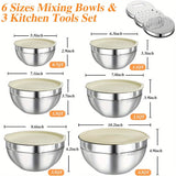 6-Piece Stainless Steel Mixing Bowls Set with 3 Grater Attachments - Anti-Rust Kitchen Food Storage Organizers, Large Size 4.5, 3.5, 2.1, 1.5, 1.1, 0.7QT Nesting Bowls