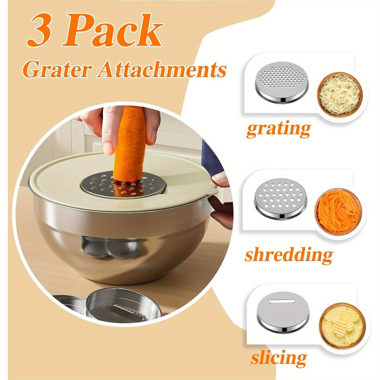 6-Piece Stainless Steel Mixing Bowls Set with 3 Grater Attachments - Anti-Rust Kitchen Food Storage Organizers, Large Size 4.5, 3.5, 2.1, 1.5, 1.1, 0.7QT Nesting Bowls