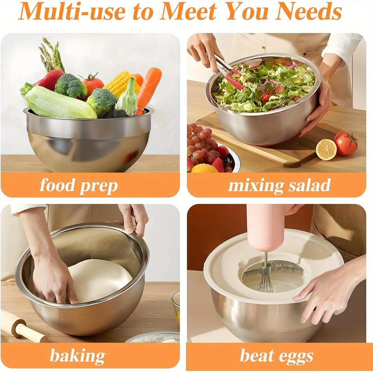 6-Piece Stainless Steel Mixing Bowls Set with 3 Grater Attachments - Anti-Rust Kitchen Food Storage Organizers, Large Size 4.5, 3.5, 2.1, 1.5, 1.1, 0.7QT Nesting Bowls