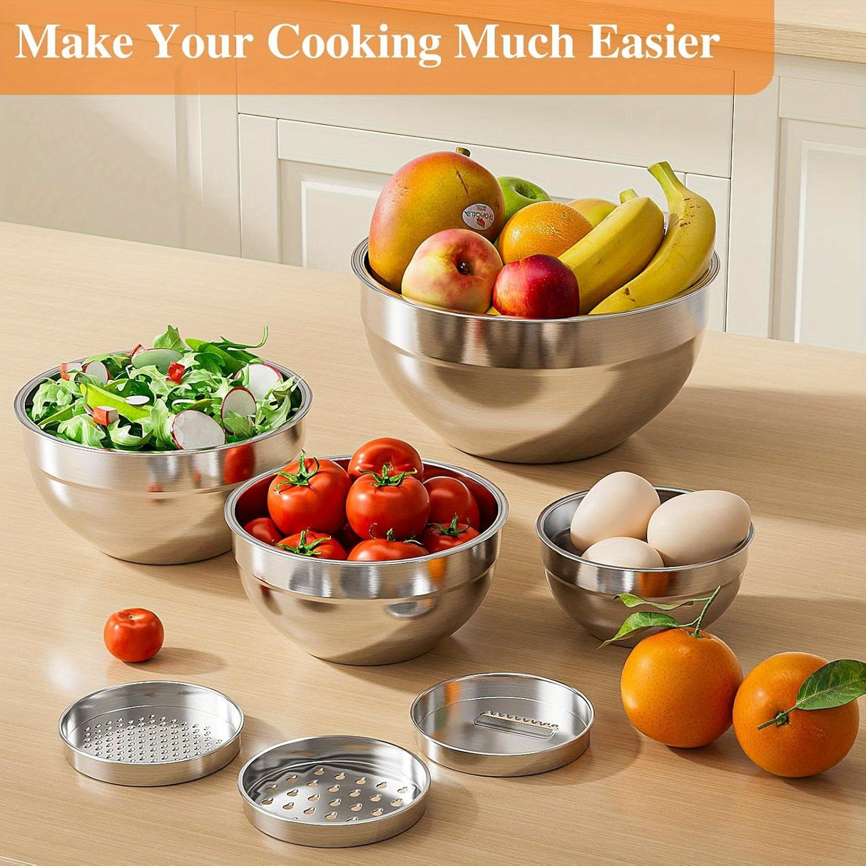 6-Piece Stainless Steel Mixing Bowls Set with 3 Grater Attachments - Anti-Rust Kitchen Food Storage Organizers, Large Size 4.5, 3.5, 2.1, 1.5, 1.1, 0.7QT Nesting Bowls