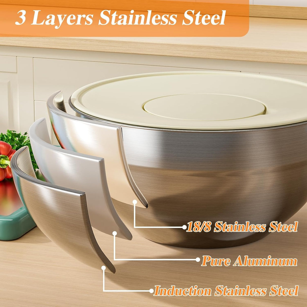 6-Piece Stainless Steel Mixing Bowls Set with 3 Grater Attachments - Anti-Rust Kitchen Food Storage Organizers, Large Size 4.5, 3.5, 2.1, 1.5, 1.1, 0.7QT Nesting Bowls