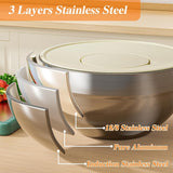 6-Piece Stainless Steel Mixing Bowls Set with 3 Grater Attachments - Anti-Rust Kitchen Food Storage Organizers, Large Size 4.5, 3.5, 2.1, 1.5, 1.1, 0.7QT Nesting Bowls
