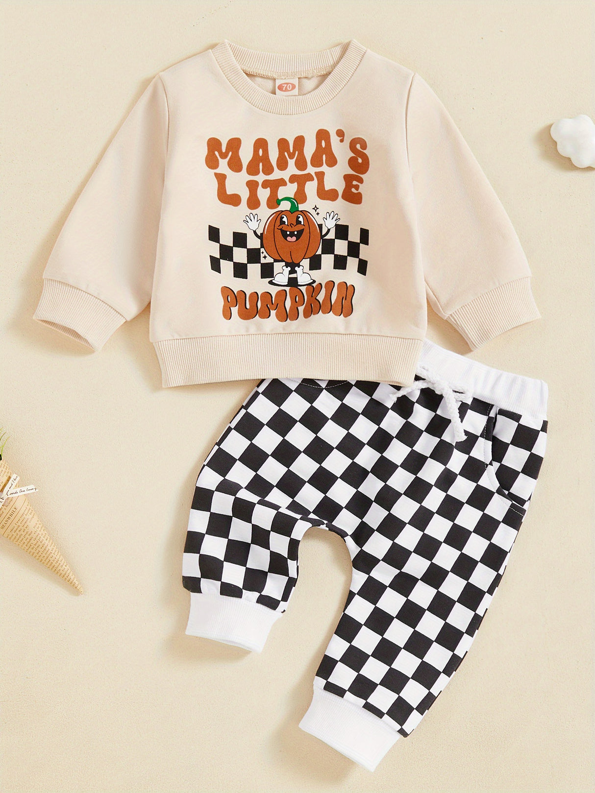 Toddler Boys Halloween Outfits Pumpkin Letter Print Long Sleeve Sweatshirts Checkerboard Long Pants 2Pcs Fall Clothes Set