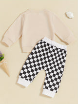 Toddler Boys Halloween Outfits Pumpkin Letter Print Long Sleeve Sweatshirts Checkerboard Long Pants 2Pcs Fall Clothes Set