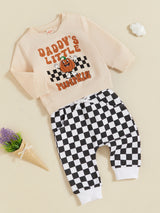 Toddler Boys Halloween Outfits Pumpkin Letter Print Long Sleeve Sweatshirts Checkerboard Long Pants 2Pcs Fall Clothes Set