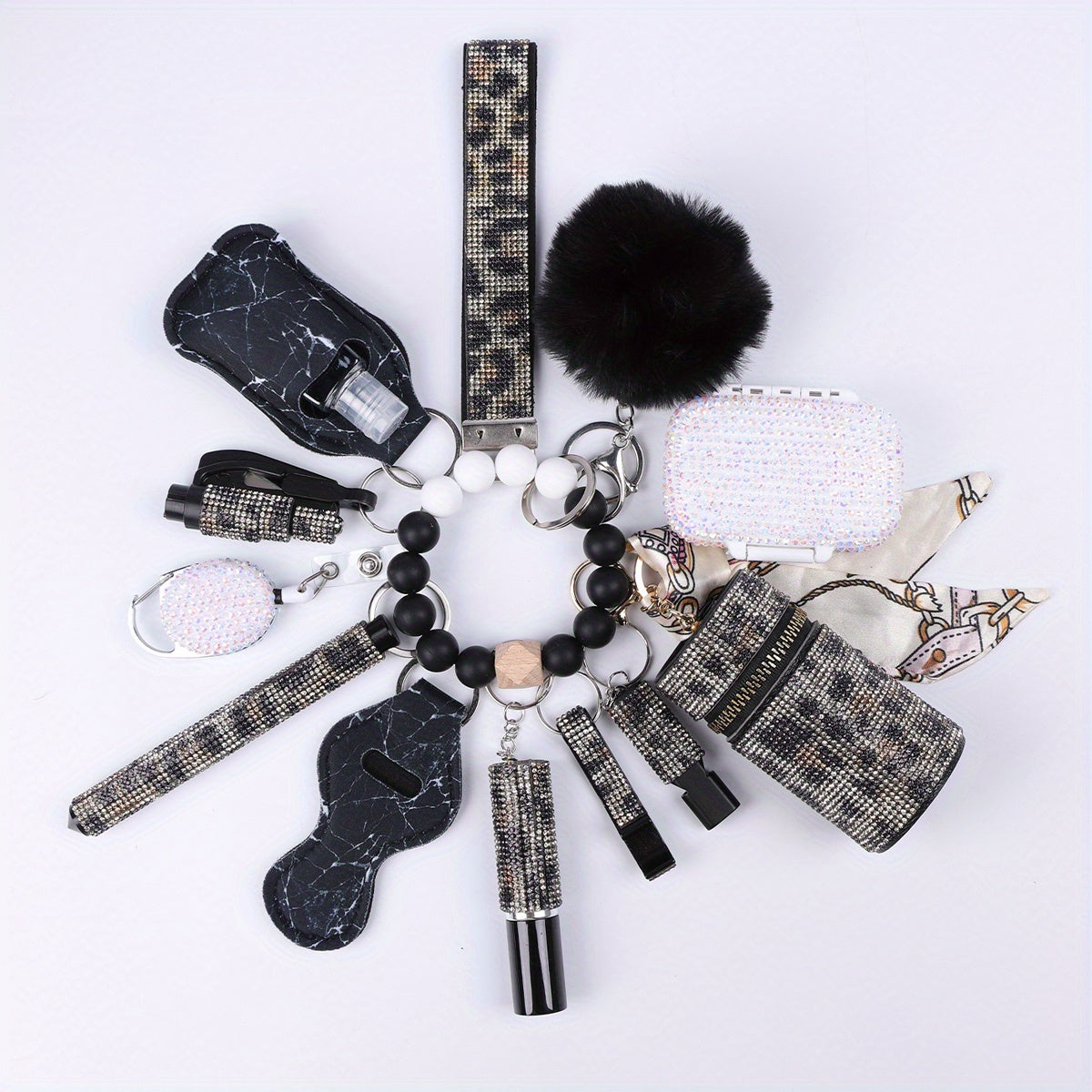 13-Piece Rhinestone Self-Defense Keychain Set - Stylish Wristband Keychain with Storage Bag and Pompom Card Bag Accessories for Women's Protection and Fashion - Strong, Durable, and Practical Christmas Gift or School Season A