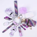 13-Piece Rhinestone Self-Defense Keychain Set - Stylish Wristband Keychain with Storage Bag and Pompom Card Bag Accessories for Women's Protection and Fashion - Strong, Durable, and Practical Christmas Gift or School Season A