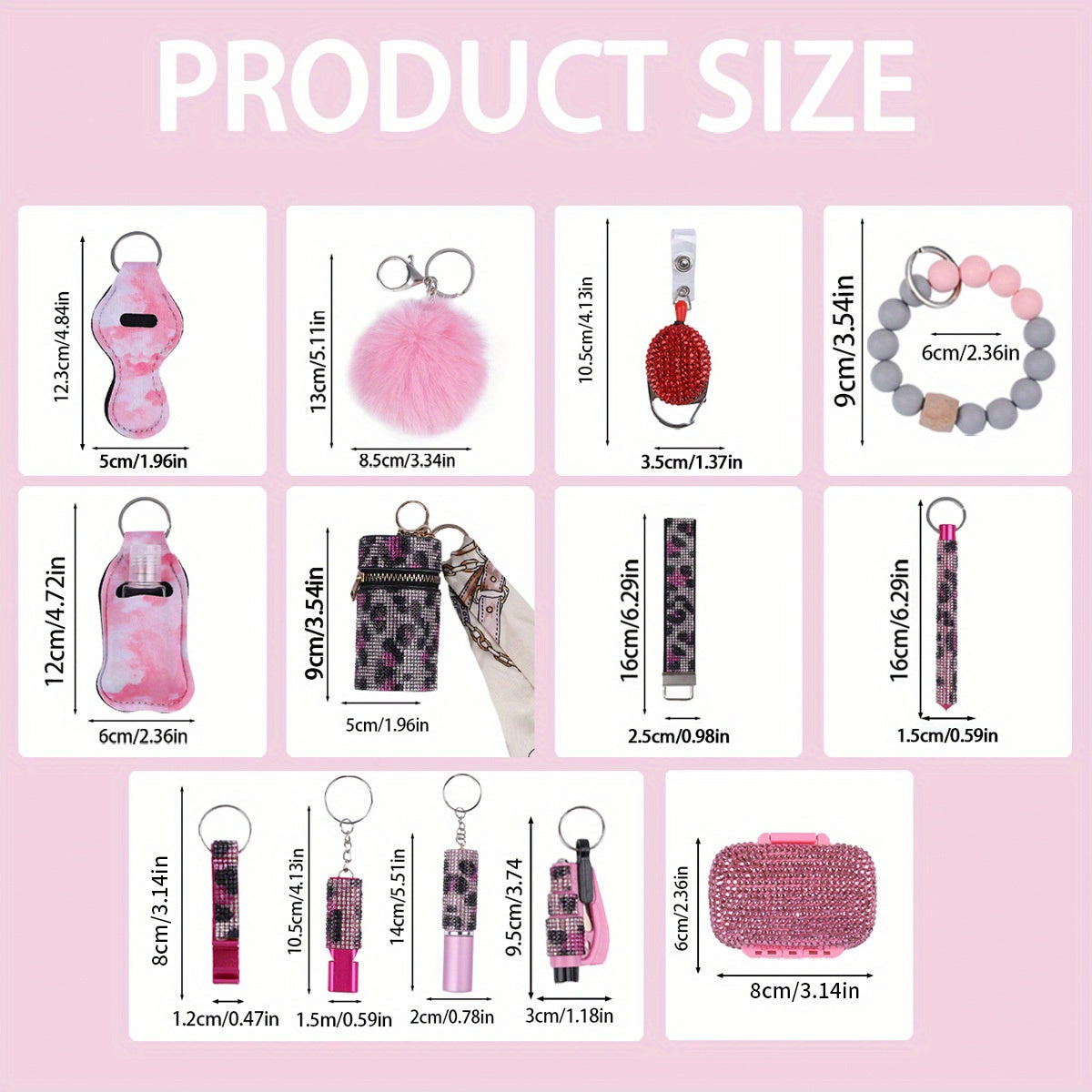 13-Piece Rhinestone Self-Defense Keychain Set - Stylish Wristband Keychain with Storage Bag and Pompom Card Bag Accessories for Women's Protection and Fashion - Strong, Durable, and Practical Christmas Gift or School Season A