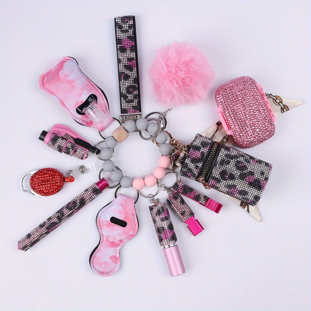 13-Piece Rhinestone Self-Defense Keychain Set - Stylish Wristband Keychain with Storage Bag and Pompom Card Bag Accessories for Women's Protection and Fashion - Strong, Durable, and Practical Christmas Gift or School Season A