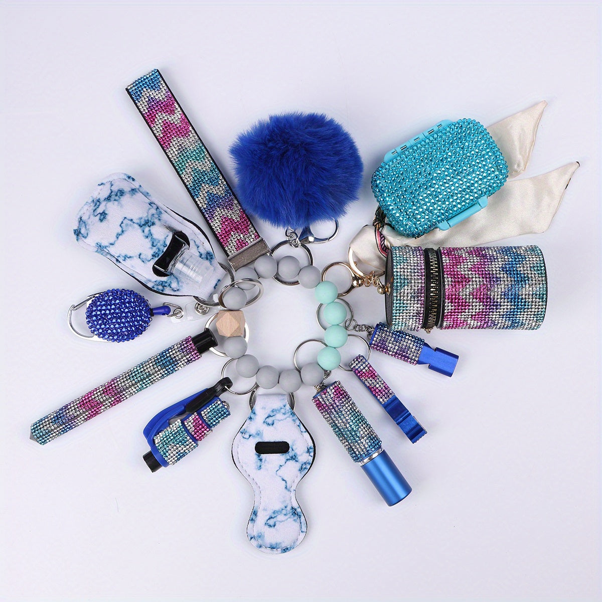 13-Piece Rhinestone Self-Defense Keychain Set - Stylish Wristband Keychain with Storage Bag and Pompom Card Bag Accessories for Women's Protection and Fashion - Strong, Durable, and Practical Christmas Gift or School Season A