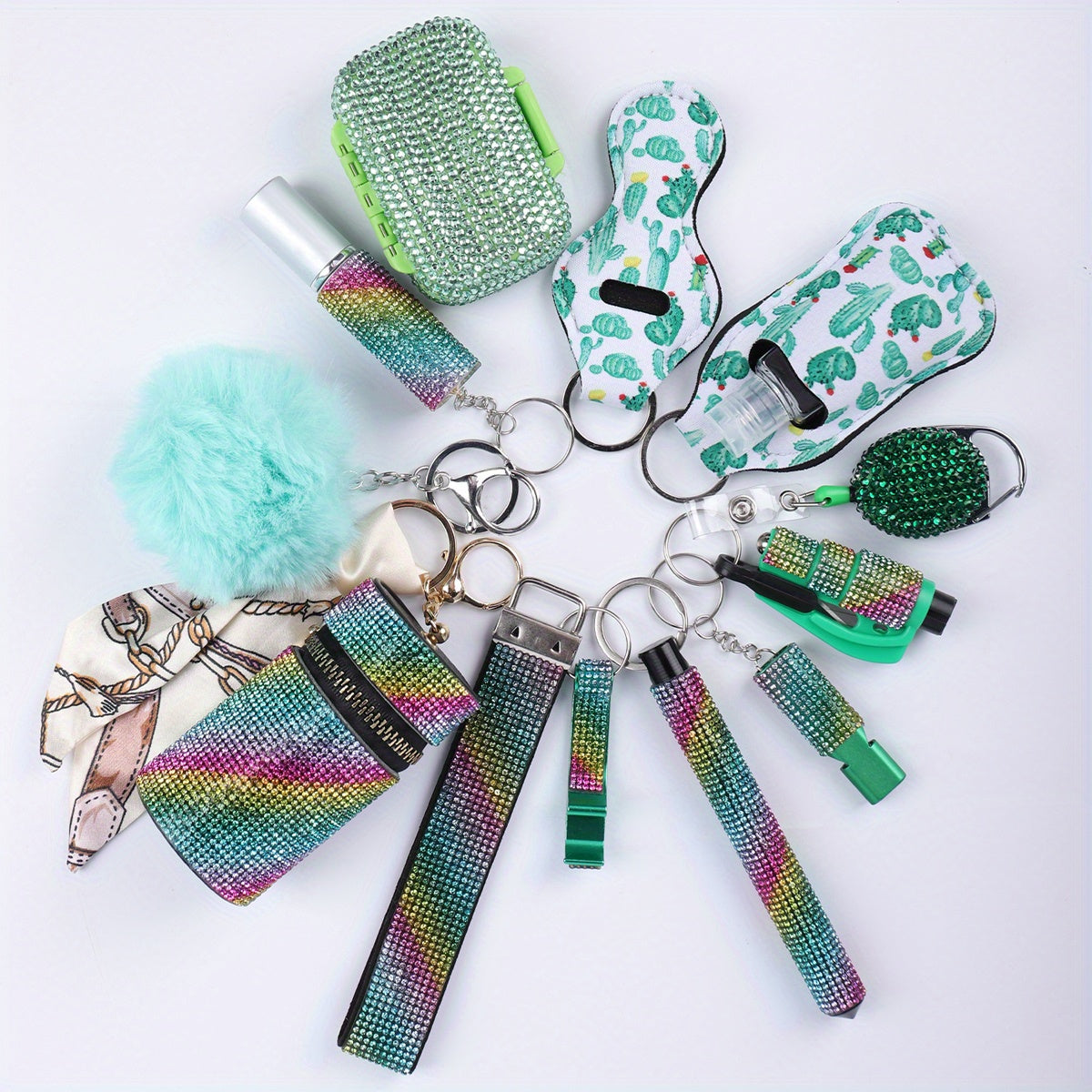 13-Piece Rhinestone Self-Defense Keychain Set - Stylish Wristband Keychain with Storage Bag and Pompom Card Bag Accessories for Women's Protection and Fashion - Strong, Durable, and Practical Christmas Gift or School Season A