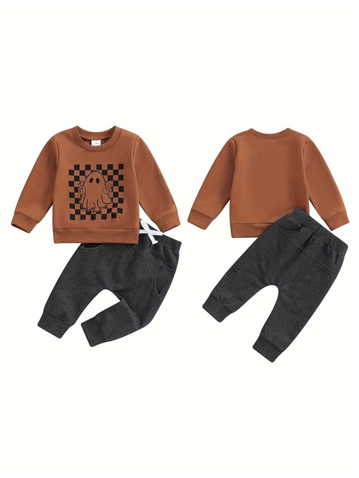 Toddler Boys Fall Outfits Checkerboard Ghost Print Crew Neck Long Sleeve Sweatshirts and Long Pants 2Pcs Halloween Clothes Set