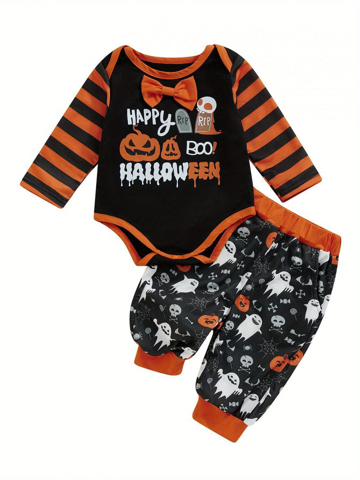 2-Piece Baby Boy Halloween Set Bow Tie Letter Pumpkin Ghost Long Sleeve Romper Long Pants Contrast Color Outfits