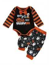 2-Piece Baby Boy Halloween Set Bow Tie Letter Pumpkin Ghost Long Sleeve Romper Long Pants Contrast Color Outfits