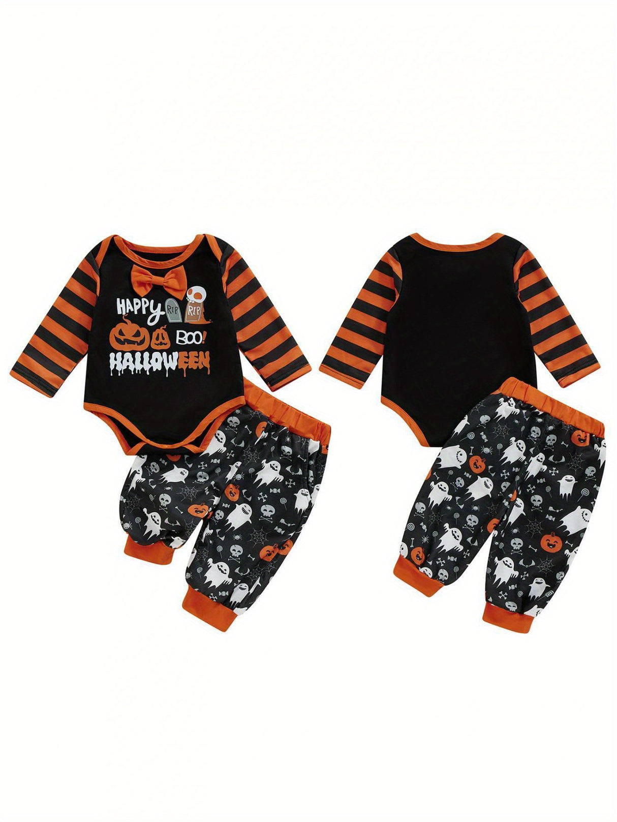 2-Piece Baby Boy Halloween Set Bow Tie Letter Pumpkin Ghost Long Sleeve Romper Long Pants Contrast Color Outfits