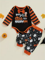 2-Piece Baby Boy Halloween Set Bow Tie Letter Pumpkin Ghost Long Sleeve Romper Long Pants Contrast Color Outfits