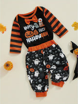 2-Piece Baby Boy Halloween Set Bow Tie Letter Pumpkin Ghost Long Sleeve Romper Long Pants Contrast Color Outfits