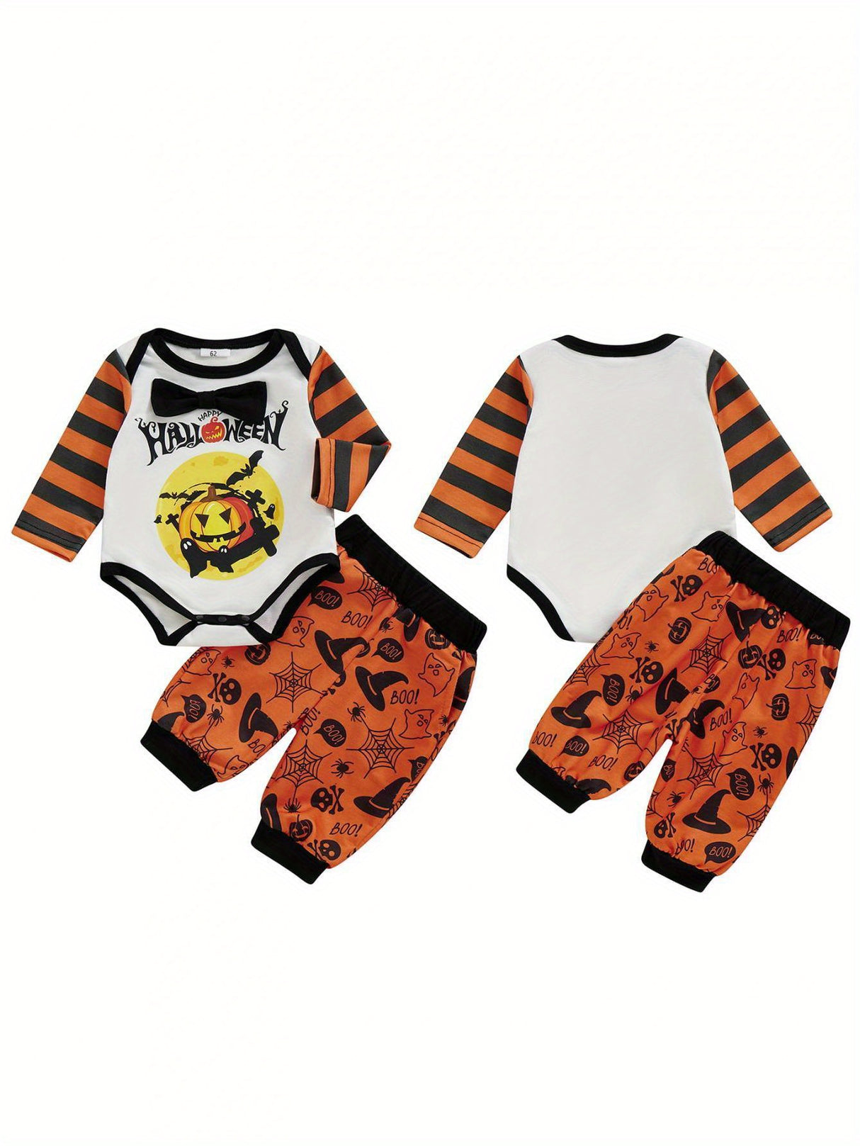 2-Piece Baby Boy Halloween Set Bow Tie Letter Pumpkin Ghost Long Sleeve Romper Long Pants Contrast Color Outfits