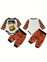 2-Piece Baby Boy Halloween Set Bow Tie Letter Pumpkin Ghost Long Sleeve Romper Long Pants Contrast Color Outfits