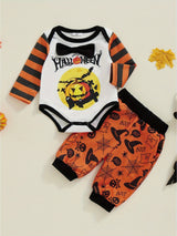 2-Piece Baby Boy Halloween Set Bow Tie Letter Pumpkin Ghost Long Sleeve Romper Long Pants Contrast Color Outfits