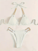Sultry Chain Accent Bikini Swimsuit Set - Women's Beachwear and Swimwear with Daring Split Design, Perfect for Beach Vacations, Spa Days, and Poolside Lounging - Sexy, Comfortable, and Confidence-Boosting Swimsuit for Women