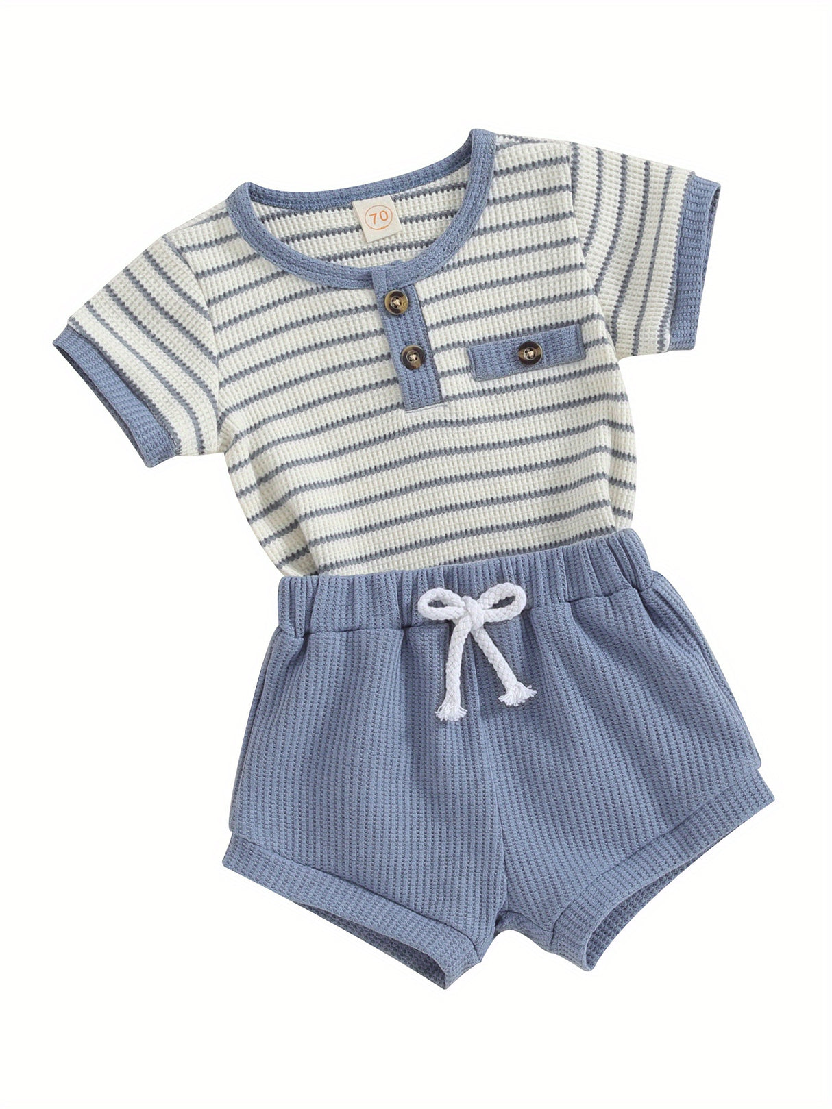 2pcs Infant Toddler Boys' Summer Outfit Set, Cotton Blend Striped T-Shirt with Button Detail & Elastic Waist Shorts, Casual Crew Neck Knit Fabric Romper and Shorts Combo, for Outdoor, Perfect for Outdoor