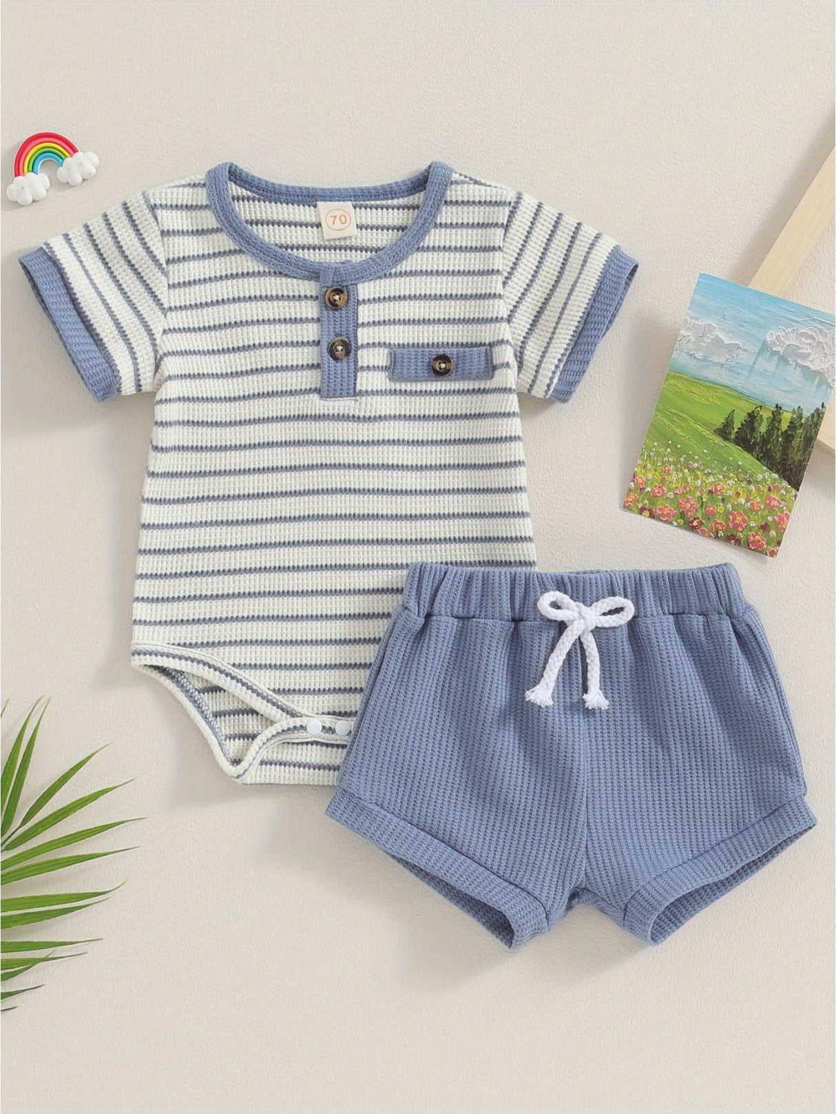 2pcs Infant Toddler Boys' Summer Outfit Set, Cotton Blend Striped T-Shirt with Button Detail & Elastic Waist Shorts, Casual Crew Neck Knit Fabric Romper and Shorts Combo, for Outdoor, Perfect for Outdoor