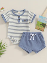 2pcs Infant Toddler Boys' Summer Outfit Set, Cotton Blend Striped T-Shirt with Button Detail & Elastic Waist Shorts, Casual Crew Neck Knit Fabric Romper and Shorts Combo, for Outdoor, Perfect for Outdoor