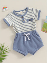 2pcs Infant Toddler Boys' Summer Outfit Set, Cotton Blend Striped T-Shirt with Button Detail & Elastic Waist Shorts, Casual Crew Neck Knit Fabric Romper and Shorts Combo, for Outdoor, Perfect for Outdoor