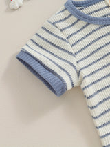 2pcs Infant Toddler Boys' Summer Outfit Set, Cotton Blend Striped T-Shirt with Button Detail & Elastic Waist Shorts, Casual Crew Neck Knit Fabric Romper and Shorts Combo, for Outdoor, Perfect for Outdoor