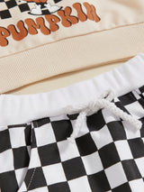 Toddler Boys Halloween Outfits Pumpkin Letter Print Long Sleeve Sweatshirts Checkerboard Long Pants 2Pcs Fall Clothes Set