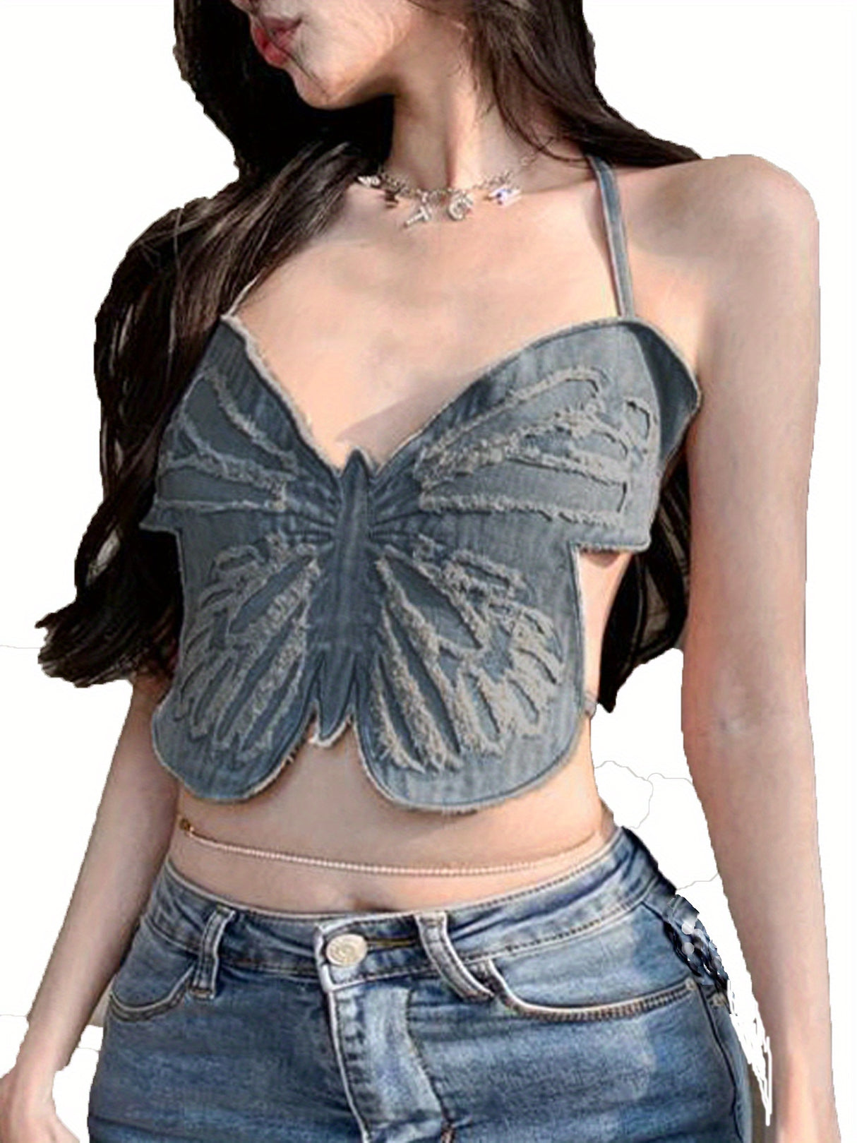 Women Summer Denim Tank Tops, Fashion 3D Butterfly Shaped Halter Neck Sleeveless Self Tie Backless Crop Tops