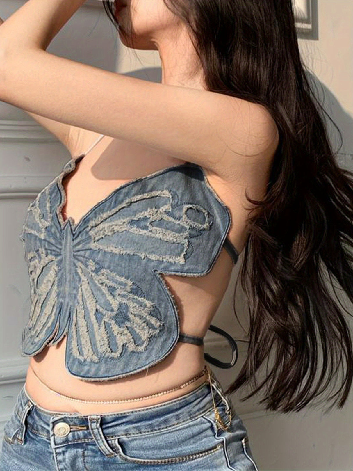 Women Summer Denim Tank Tops, Fashion 3D Butterfly Shaped Halter Neck Sleeveless Self Tie Backless Crop Tops
