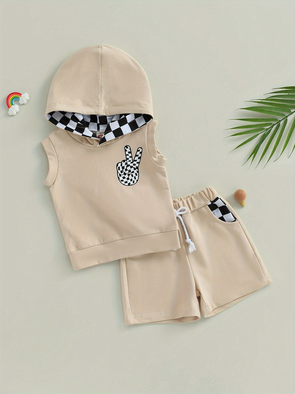 Toddler Boys 2pcs Shorts Sets Sleeveless Hooded Vest and Drawstring Checkerboard Shorts Sets, for Outdoor