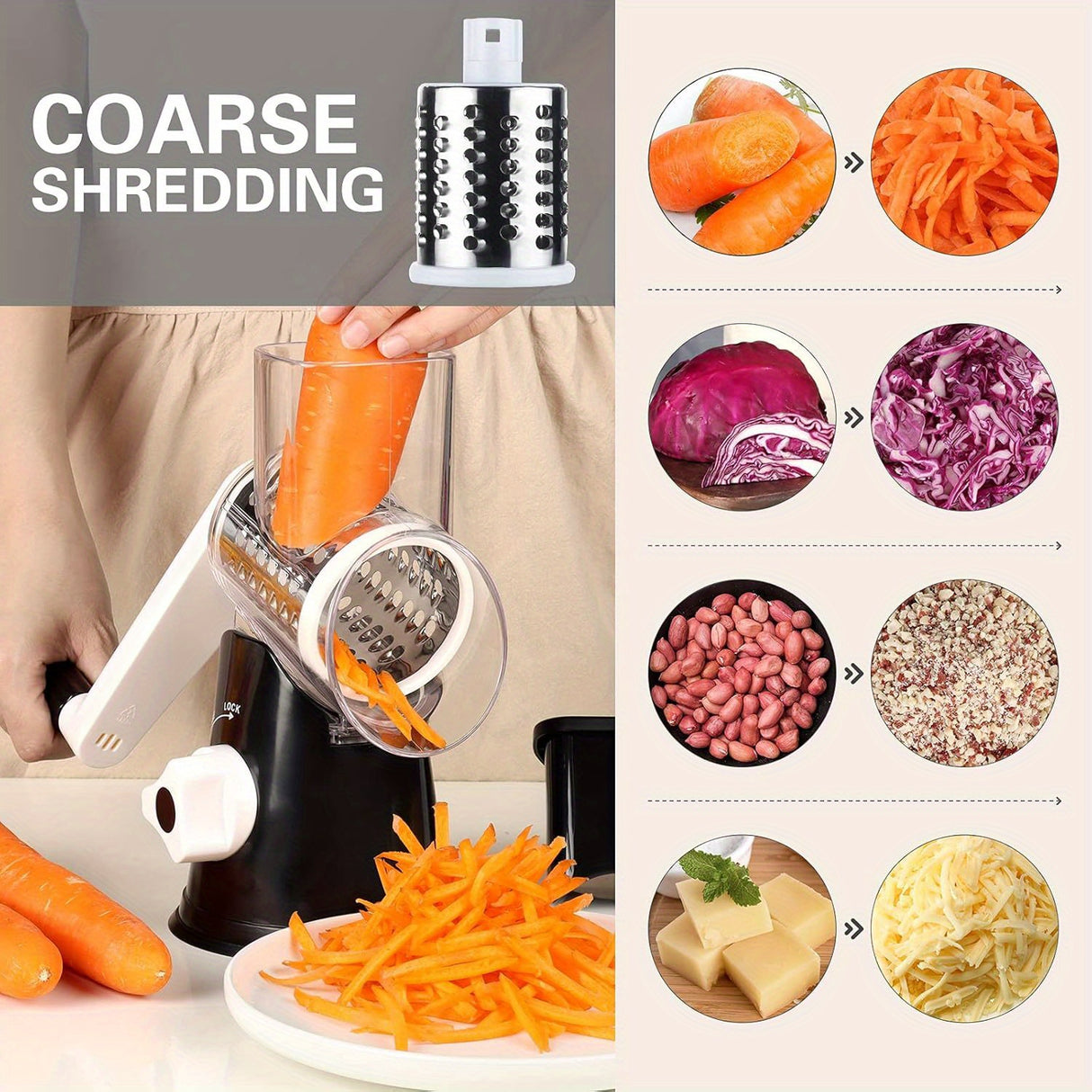 3 Replaceable Drum Blades Rotary Cheese Grater Cheese Shredder - Kitchen Manual with Handle Vegetable Slicer Nuts Grinder and Strong Suction Base Free Cleaning Brush