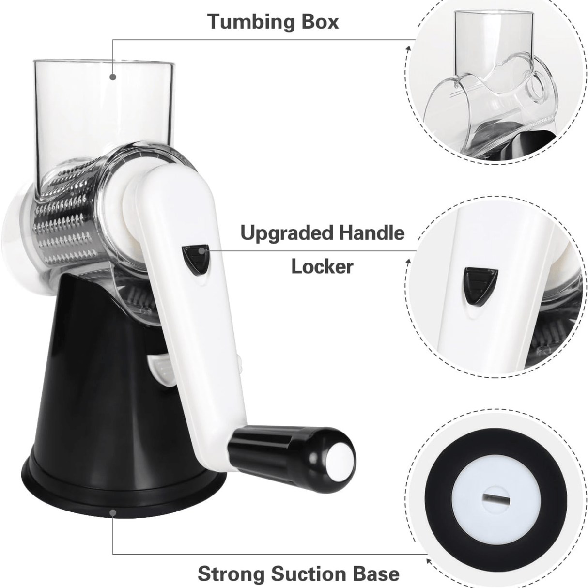 3 Replaceable Drum Blades Rotary Cheese Grater Cheese Shredder - Kitchen Manual with Handle Vegetable Slicer Nuts Grinder and Strong Suction Base Free Cleaning Brush